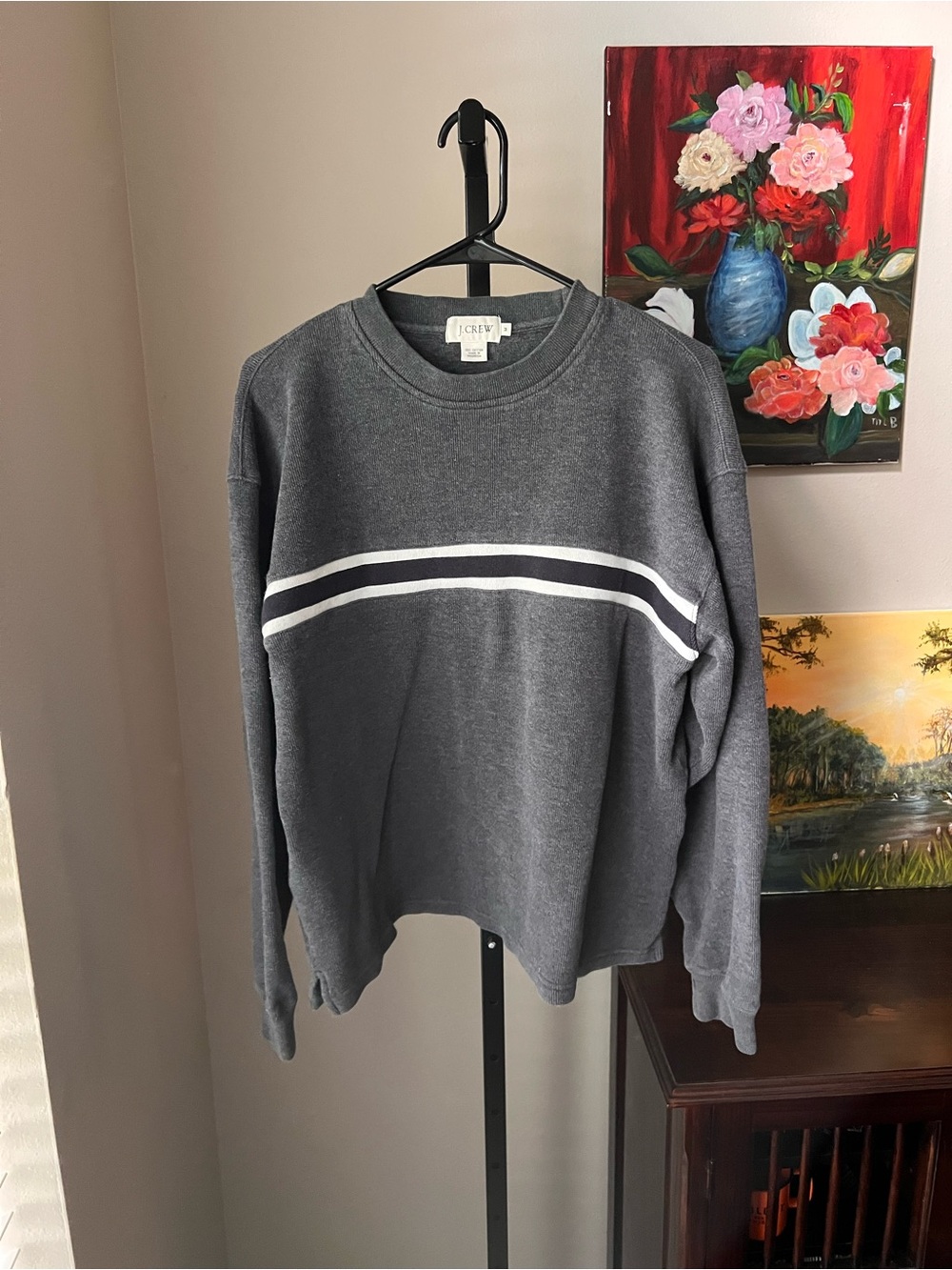 J. Crew Men’s Charcoal Gray rugby  Crewneck Sweater with White Stripe